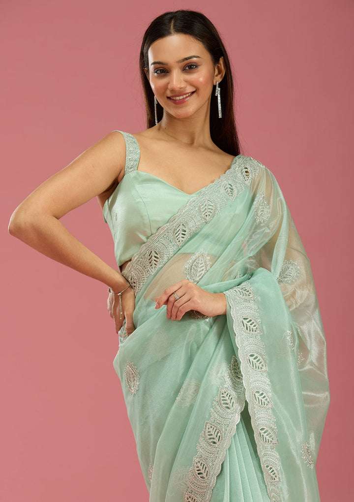 Sea Green Cutwork Organza Saree-Koskii