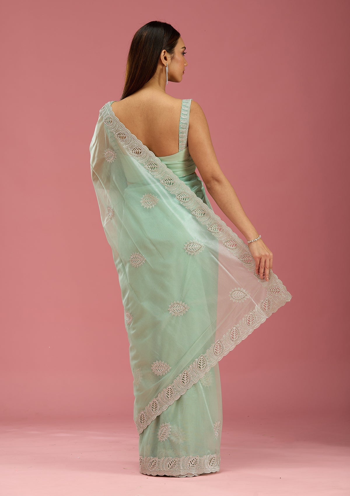 Sea Green Cutwork Organza Saree-Koskii