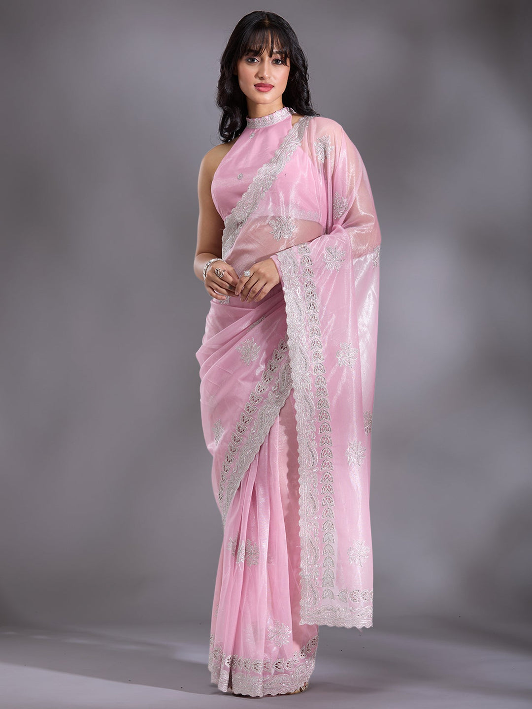 Baby Pink Cutwork Organza Saree-Koskii