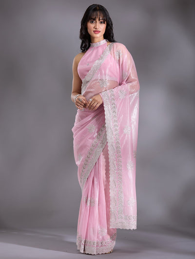 Baby Pink Cutwork Organza Saree-Koskii