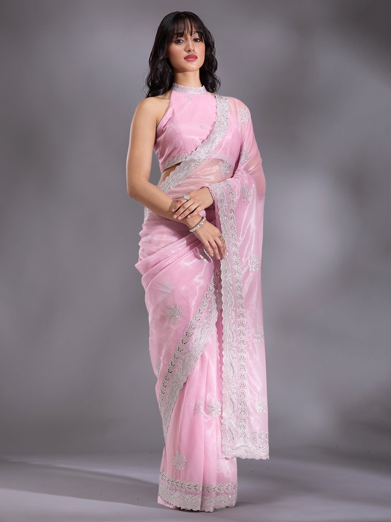Baby Pink Cutwork Organza Saree-Koskii