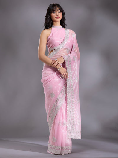 Baby Pink Cutwork Organza Saree-Koskii