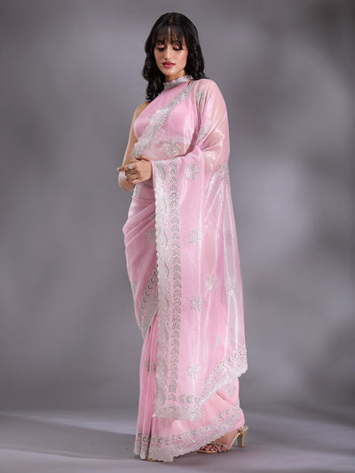 Baby Pink Cutwork Organza Saree-Koskii