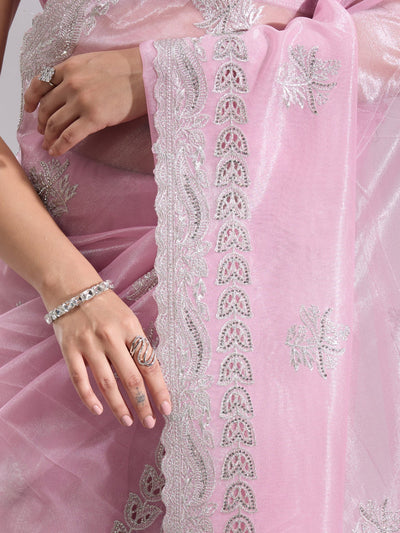 Baby Pink Cutwork Organza Saree-Koskii