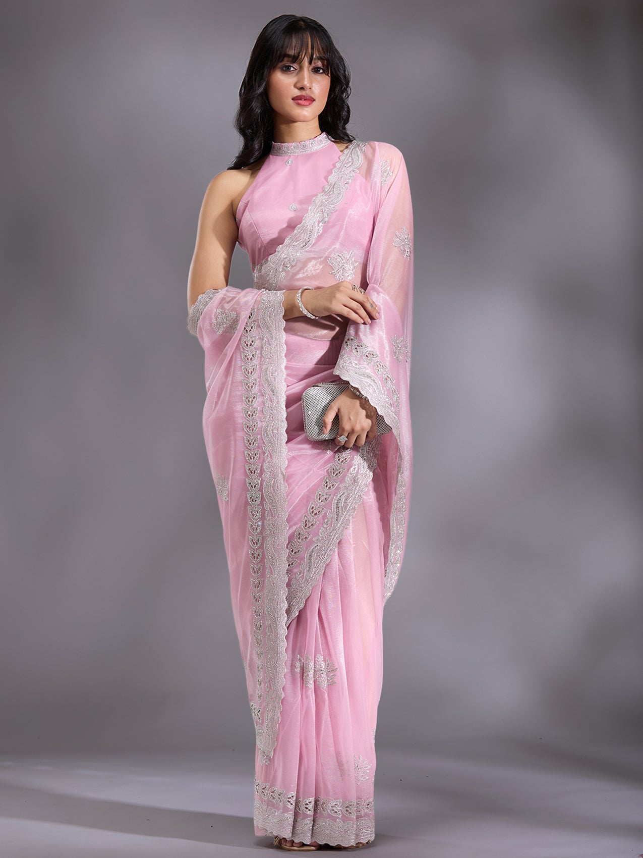 Baby Pink Cutwork Organza Saree-Koskii