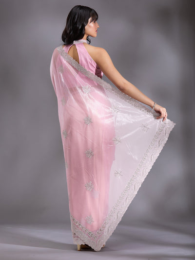 Baby Pink Cutwork Organza Saree-Koskii