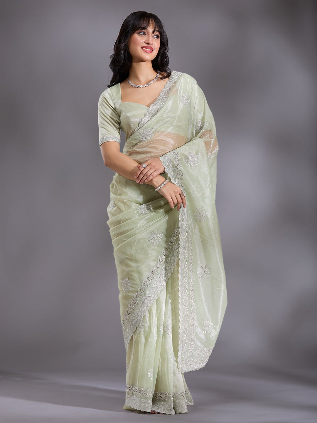 Pista Green Cutwork Organza Saree-Koskii