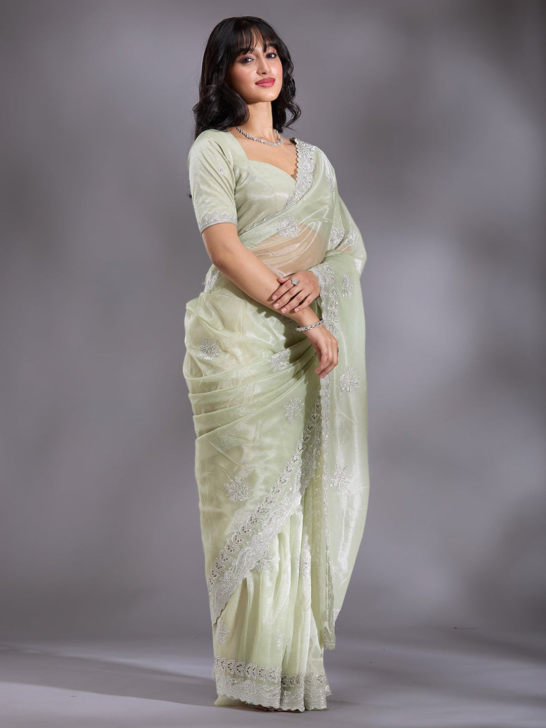 Pista Green Cutwork Organza Saree-Koskii