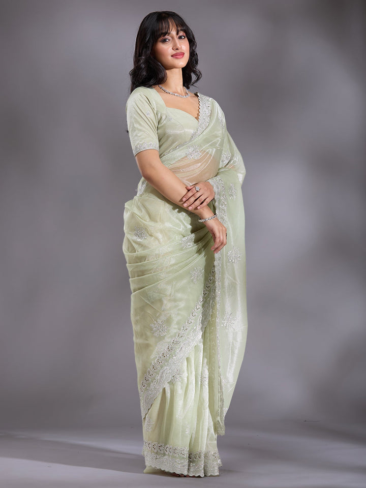 Pista Green Cutwork Organza Saree-Koskii
