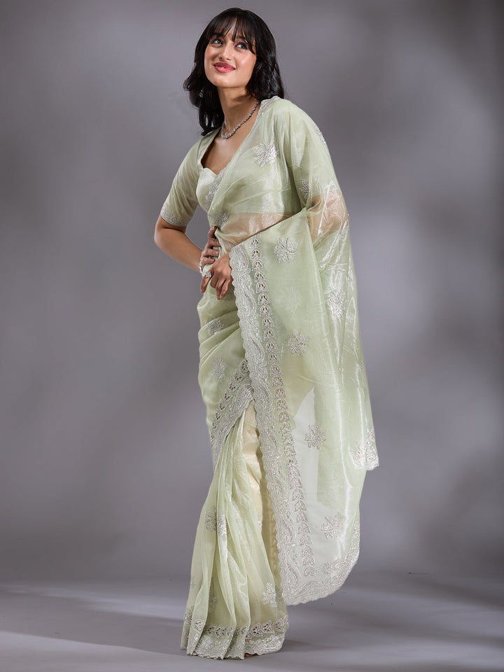 Pista Green Cutwork Organza Saree-Koskii