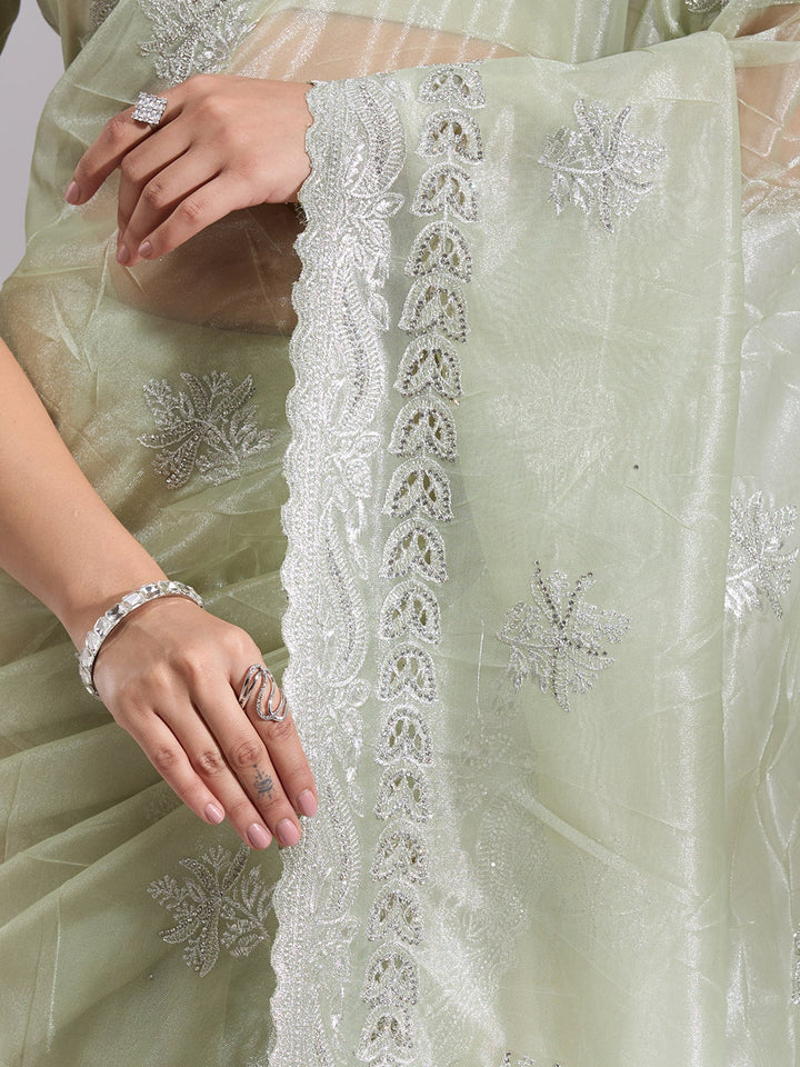 Pista Green Cutwork Organza Saree-Koskii