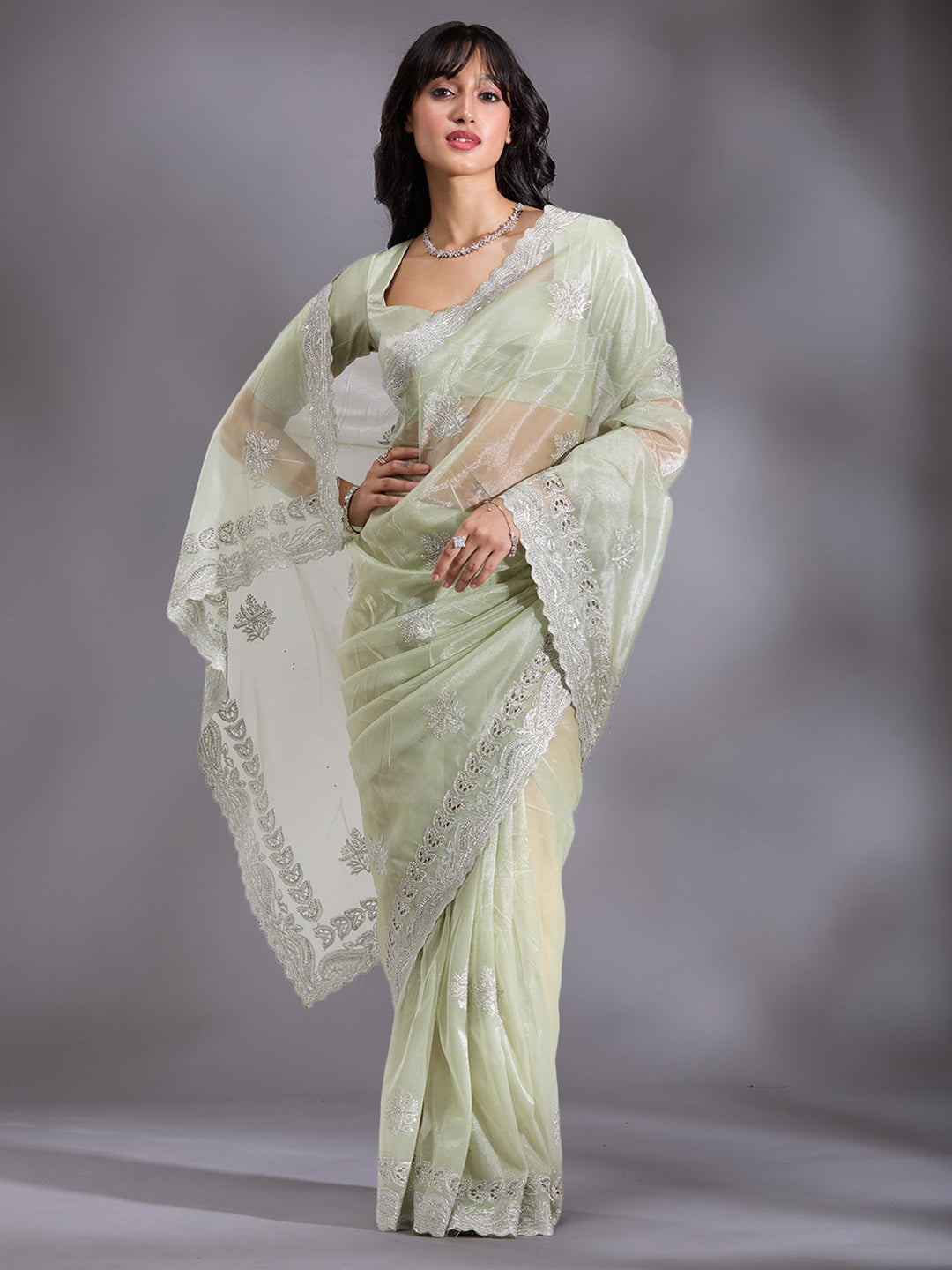 Pista Green Cutwork Organza Saree-Koskii