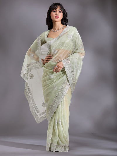 Pista Green Cutwork Organza Saree-Koskii