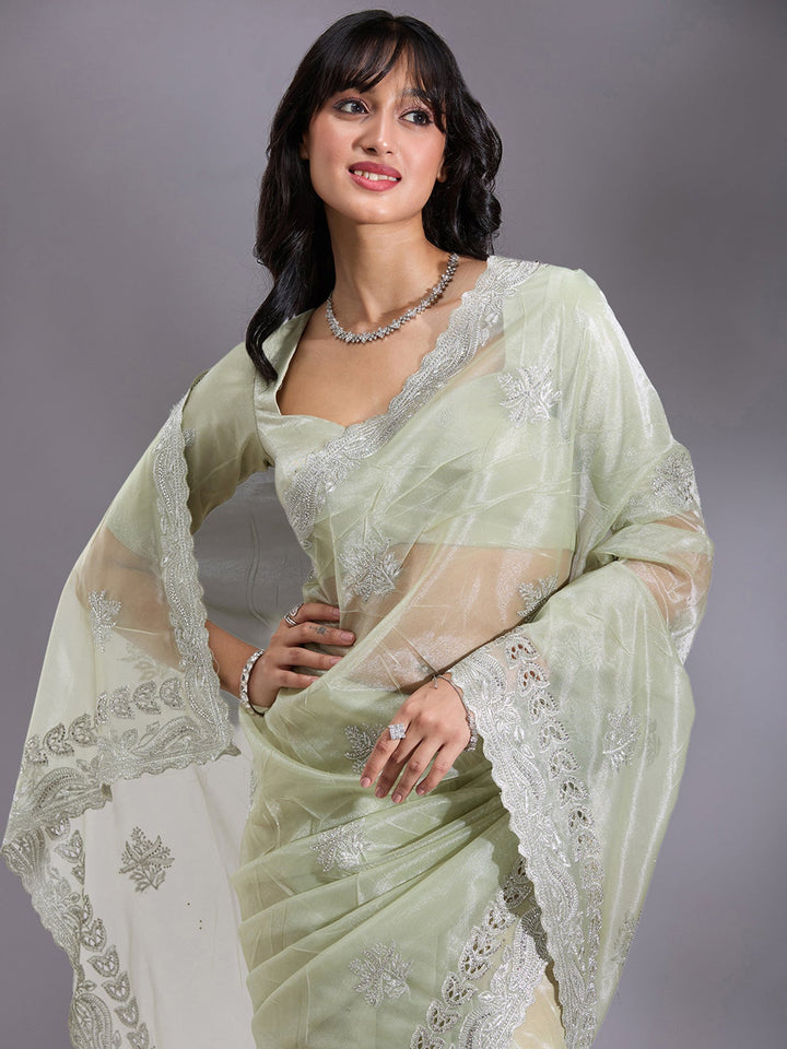 Pista Green Cutwork Organza Saree-Koskii