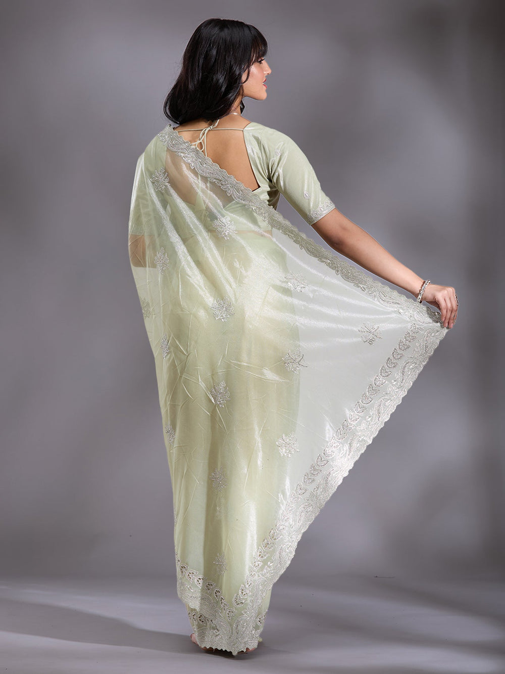 Pista Green Cutwork Organza Saree-Koskii