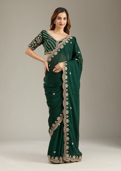 Bottle Green Cording Semi Crepe Saree-Koskii