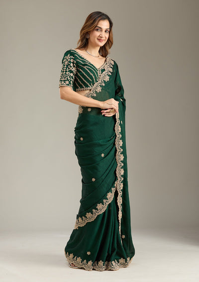 Bottle Green Cording Semi Crepe Saree-Koskii