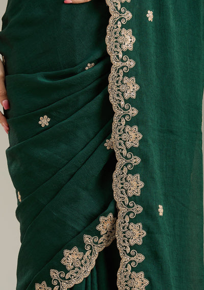Bottle Green Cording Semi Crepe Saree-Koskii