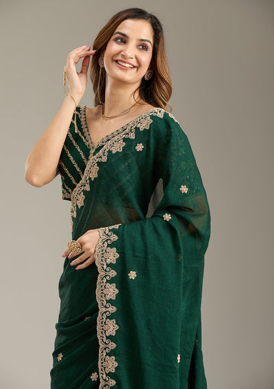 Bottle Green Cording Semi Crepe Saree-Koskii