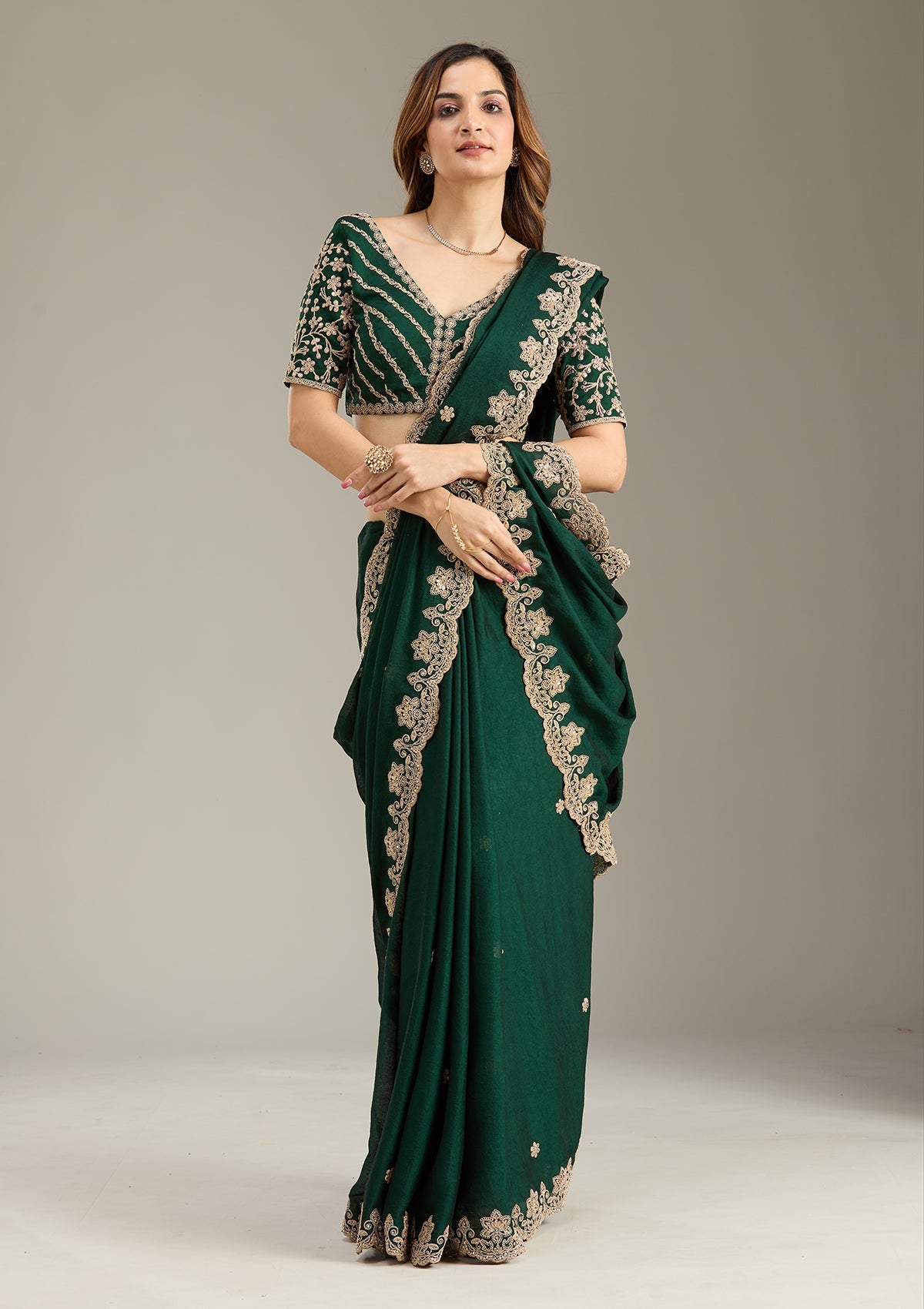 Bottle Green Cording Semi Crepe Saree-Koskii