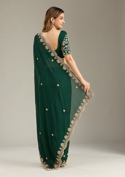 Bottle Green Cording Semi Crepe Saree-Koskii