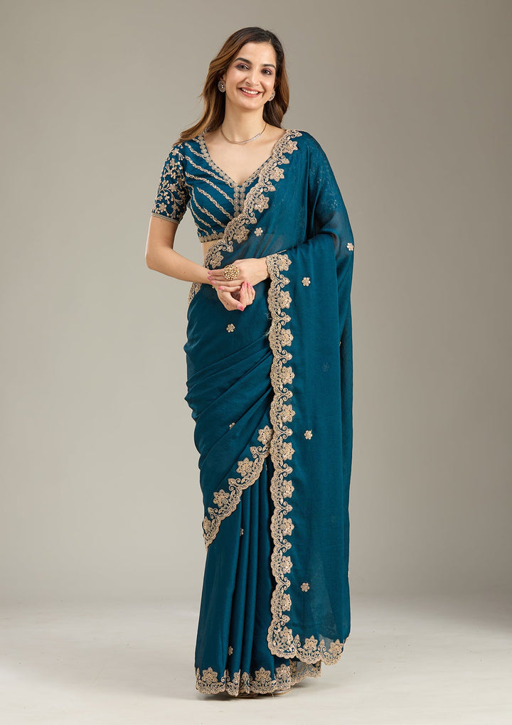 Peacock Blue Cording Semi Crepe Saree-Koskii