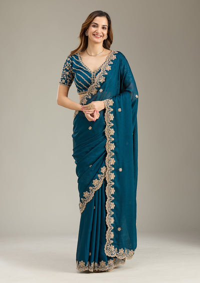 Peacock Blue Cording Semi Crepe Saree-Koskii