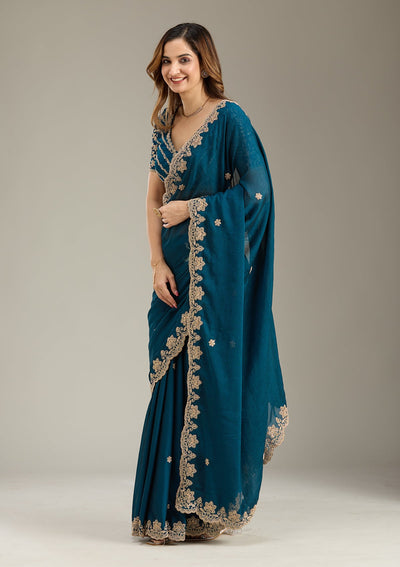 Peacock Blue Cording Semi Crepe Saree-Koskii