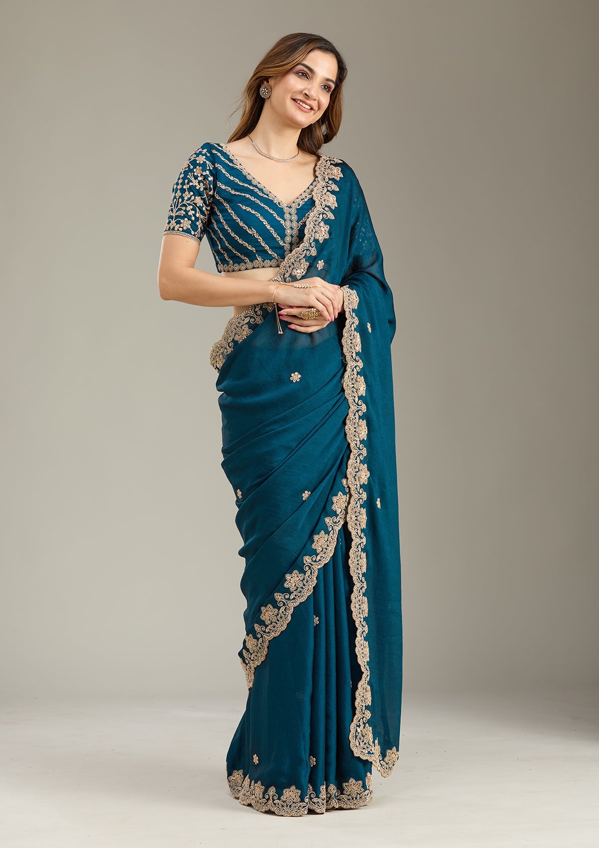 Peacock Blue Cording Semi Crepe Saree-Koskii