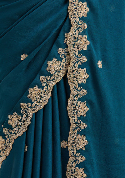 Peacock Blue Cording Semi Crepe Saree-Koskii