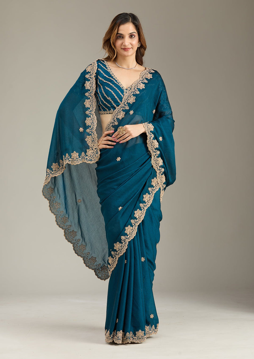 Peacock Blue Cording Semi Crepe Saree-Koskii