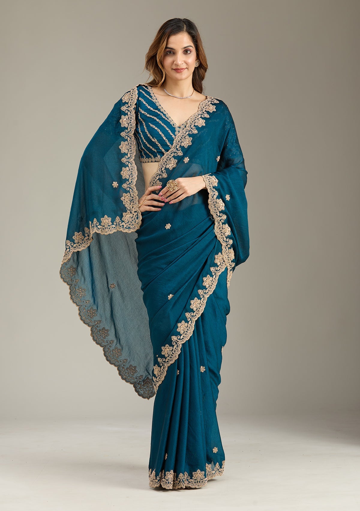 Peacock Blue Cording Semi Crepe Saree-Koskii