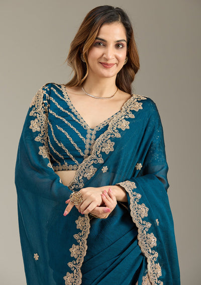 Peacock Blue Cording Semi Crepe Saree-Koskii