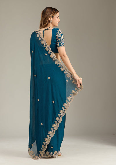 Peacock Blue Cording Semi Crepe Saree-Koskii