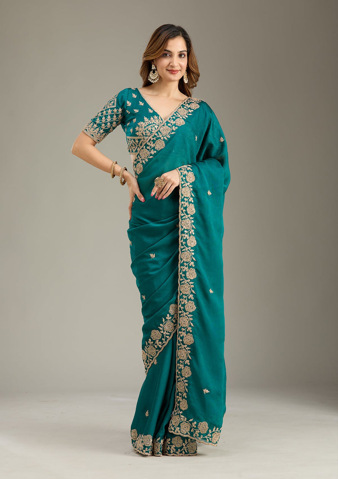 Teal Green Cording Georgette Saree-Koskii