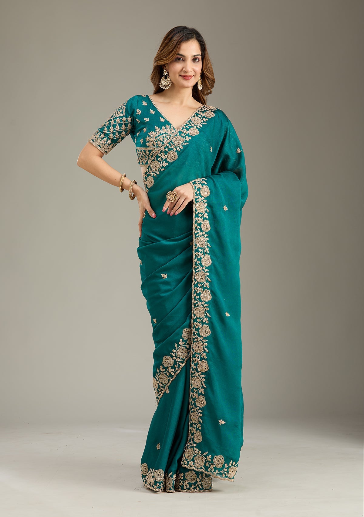 Teal Green Cording Georgette Saree-Koskii