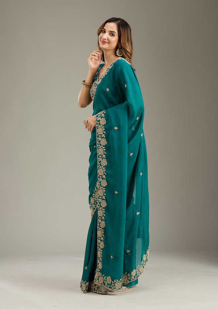 Teal Green Cording Georgette Saree-Koskii