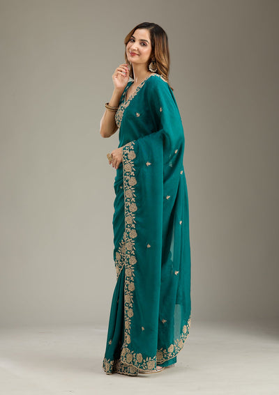 Teal Green Cording Georgette Saree-Koskii