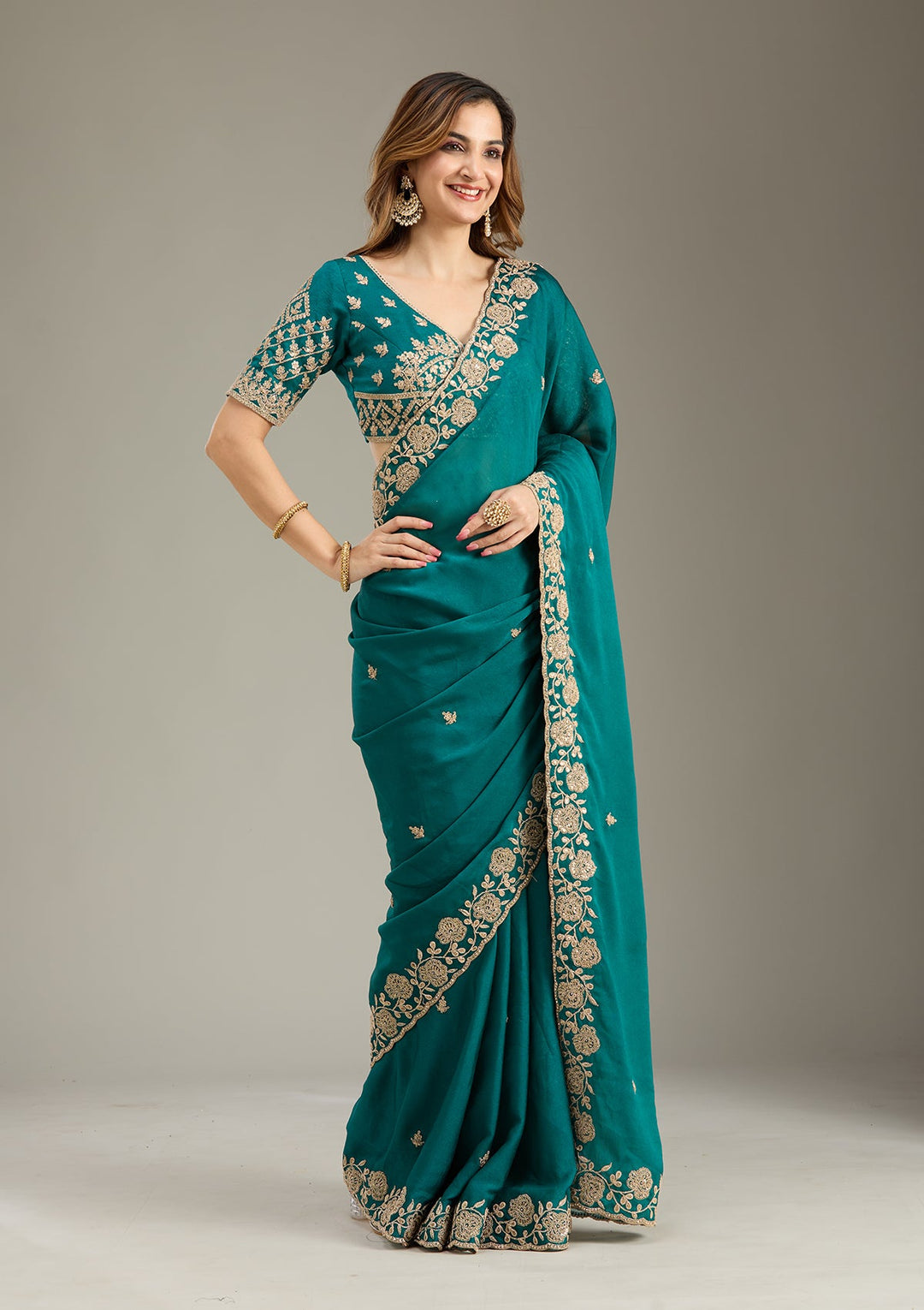 Teal Green Cording Georgette Saree-Koskii