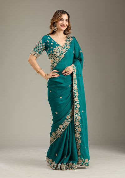 Teal Green Cording Georgette Saree-Koskii