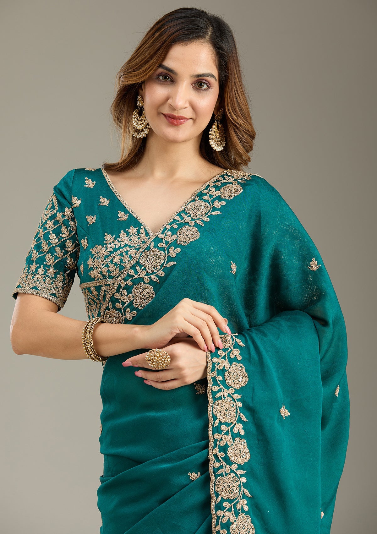 Teal Green Cording Georgette Saree-Koskii