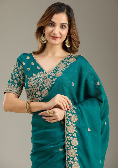 Teal Green Cording Georgette Saree-Koskii