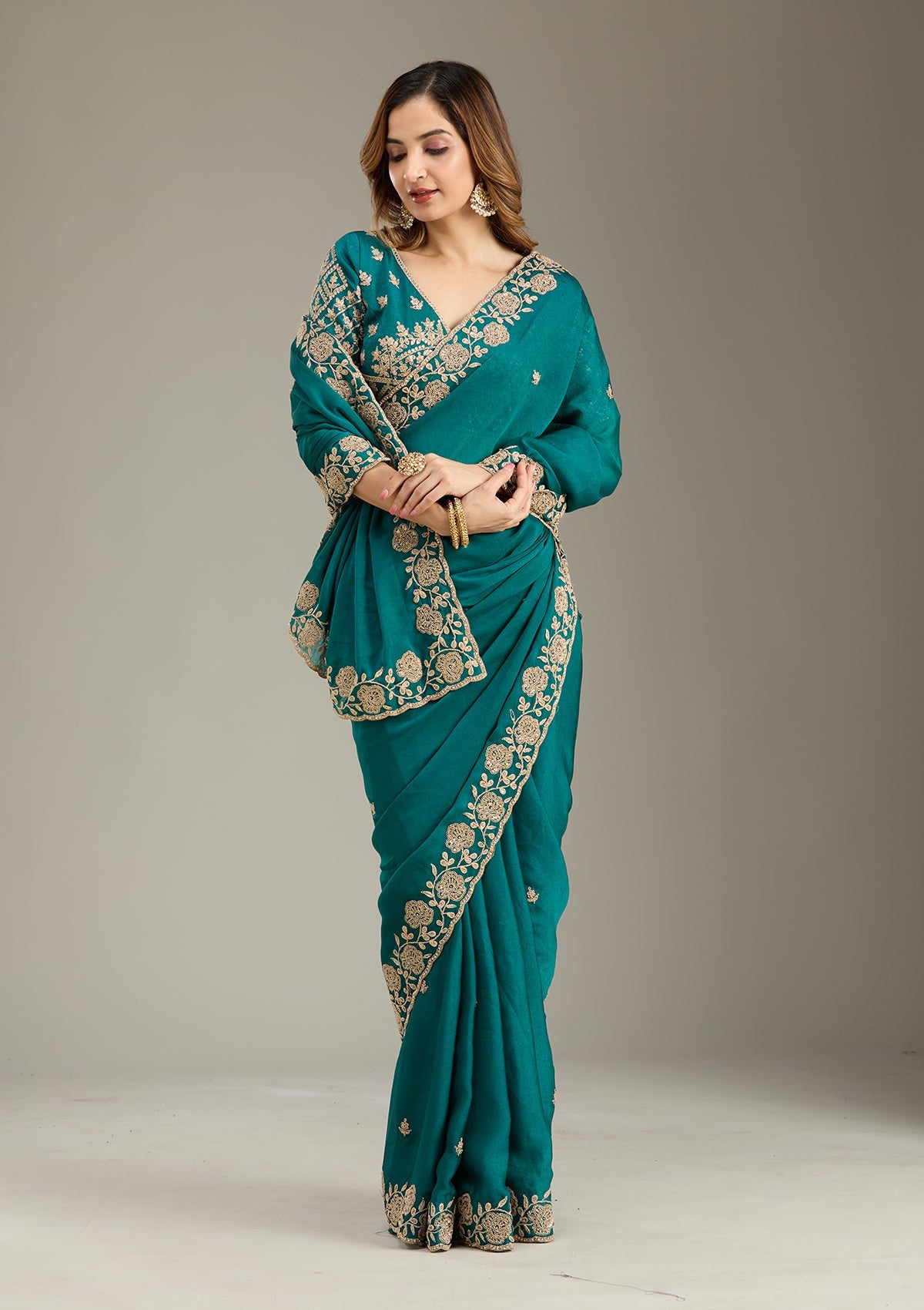 Teal Green Cording Georgette Saree-Koskii