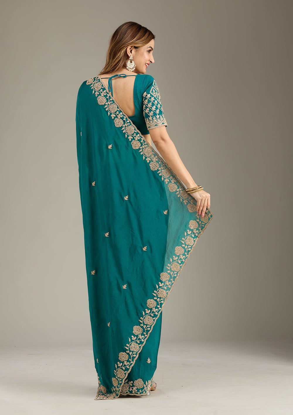 Teal Green Cording Georgette Saree-Koskii