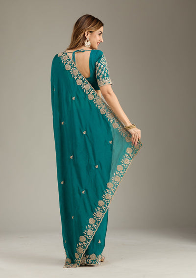 Teal Green Cording Georgette Saree-Koskii