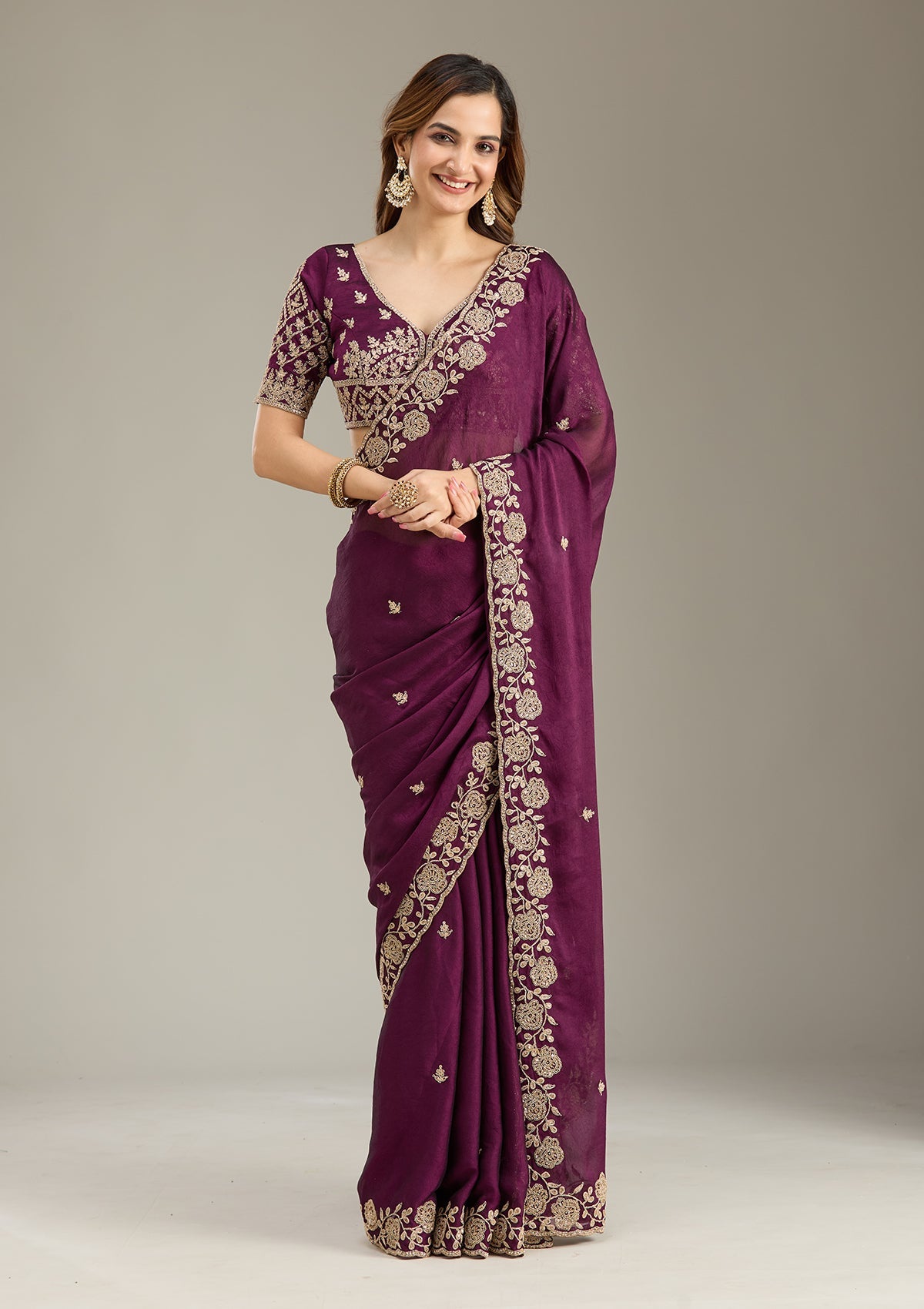 Wine Cording Georgette Saree-Koskii