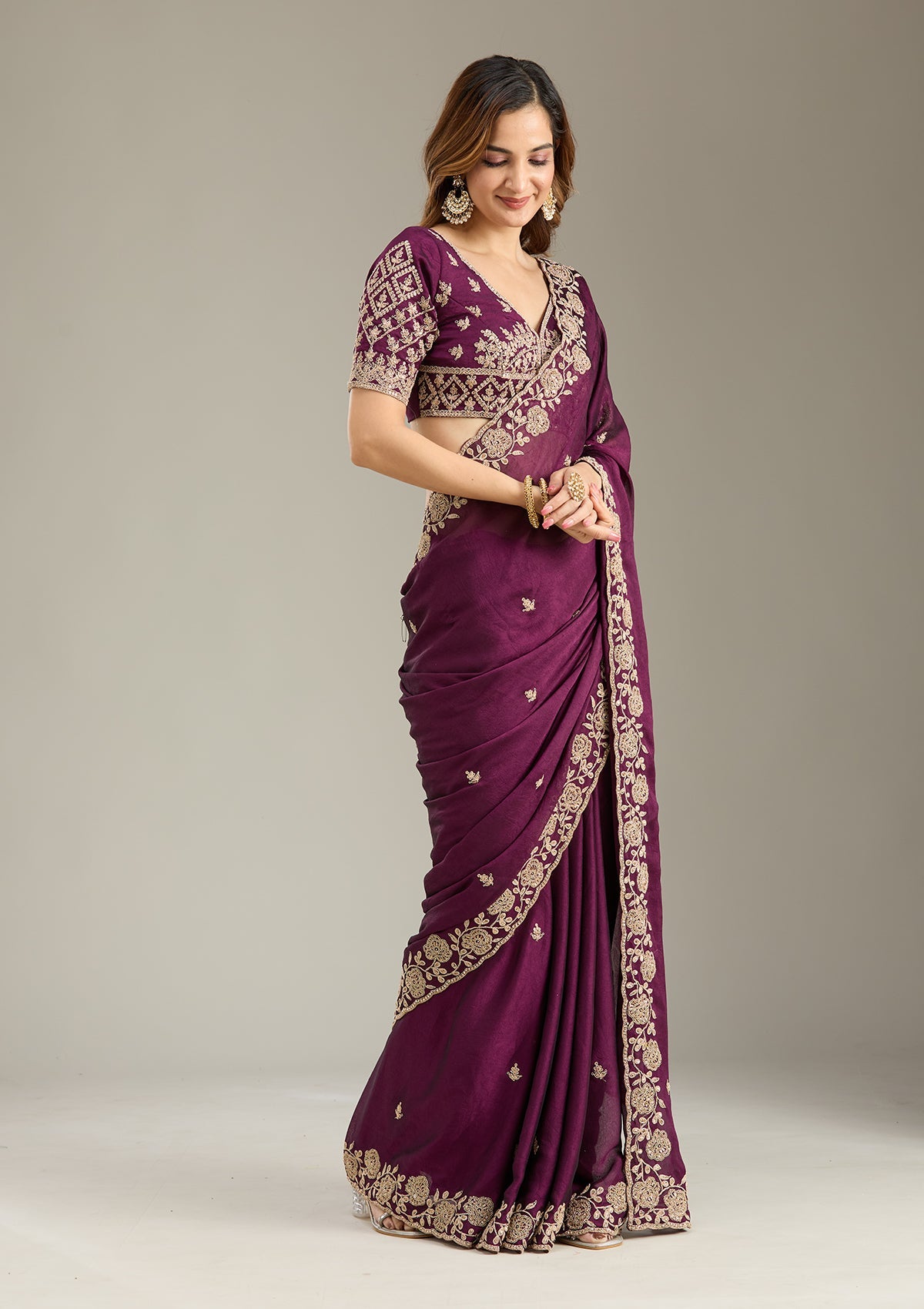Wine Cording Georgette Saree-Koskii