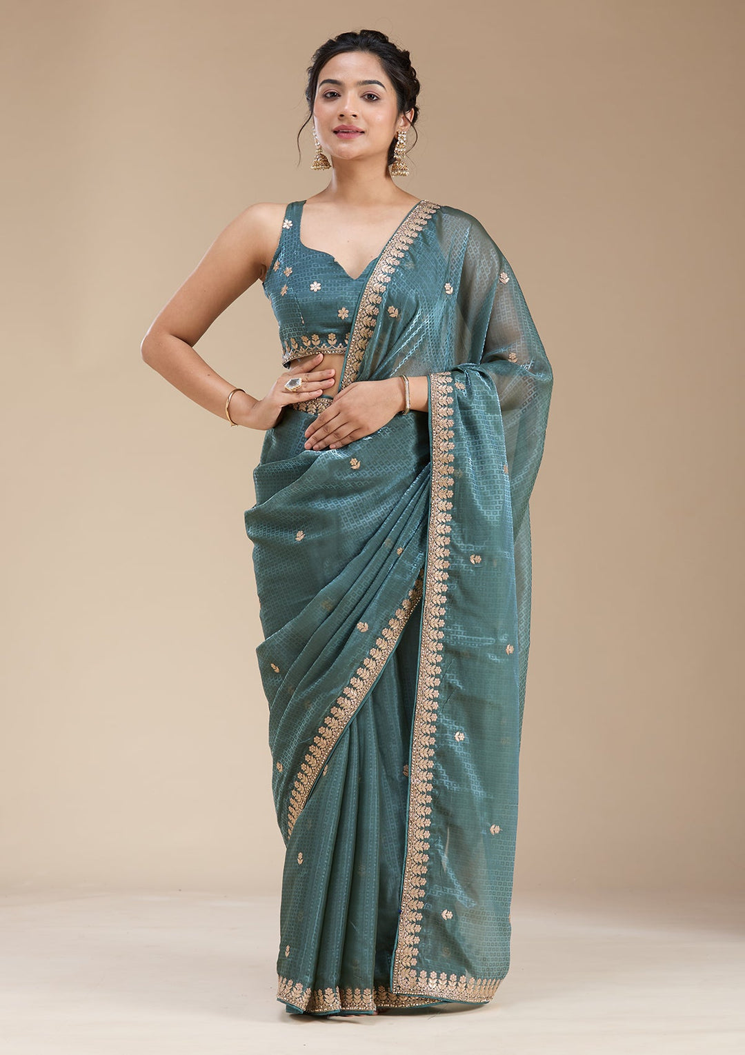 Teal Green Gotapatti Organza Saree-koskii