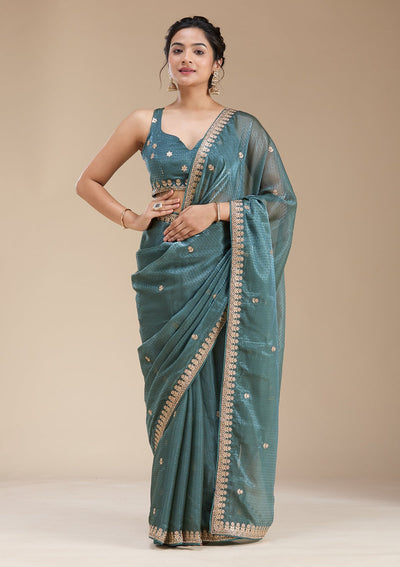 Teal Green Gotapatti Organza Saree-koskii