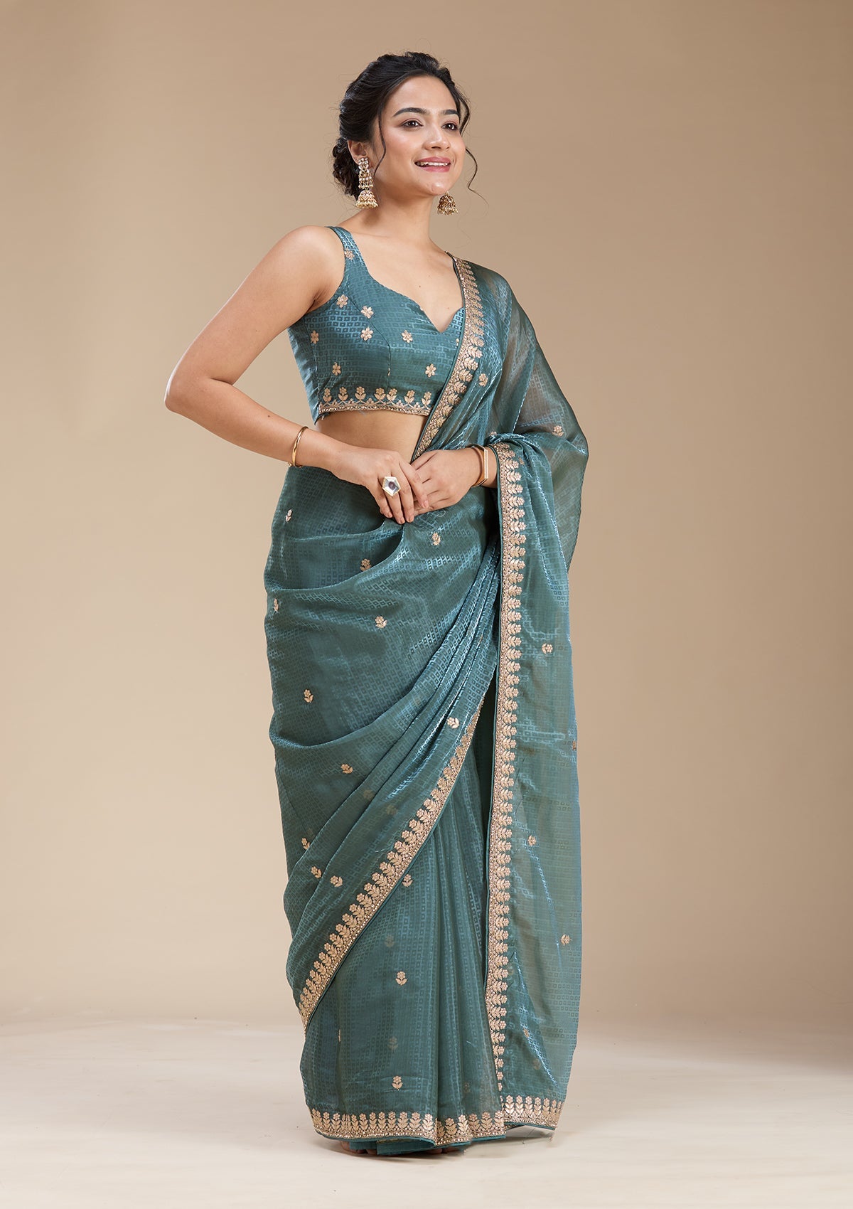 Teal Green Gotapatti Organza Saree-koskii